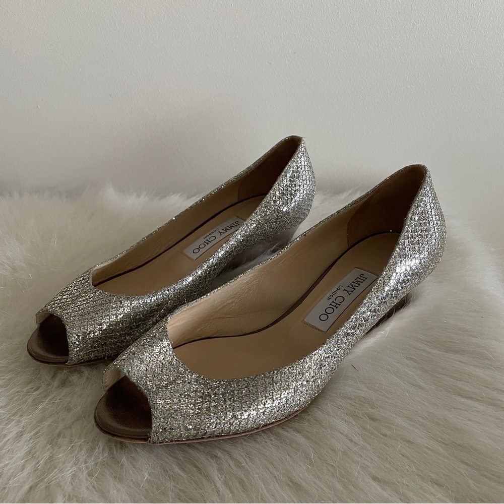 Jimmy Choo Silver Glitter Baxen Wedge Pumps Size 39.5